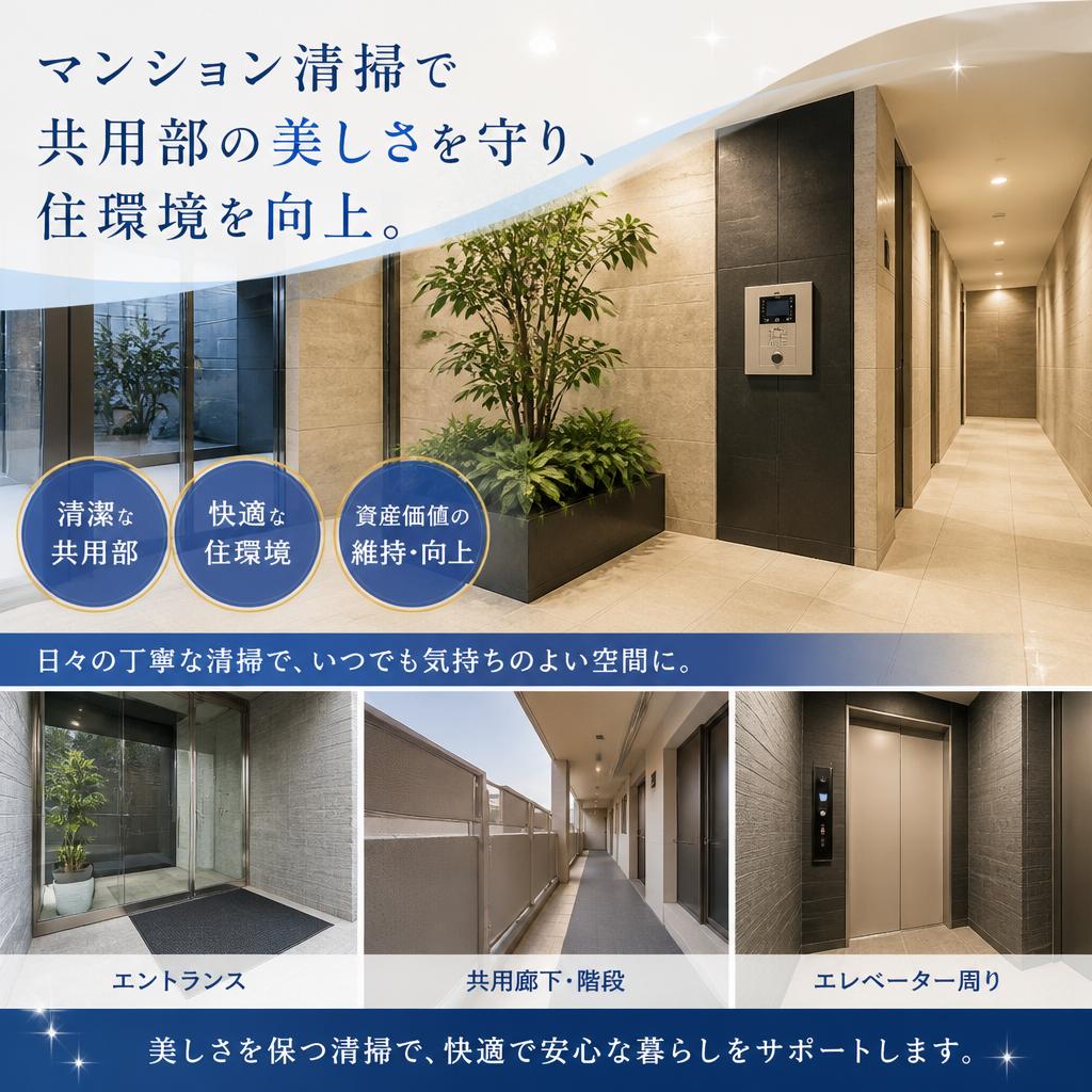 マンション清掃で共用部の美しさを守り、住環境を向上。